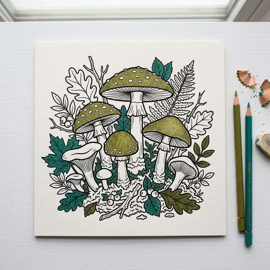 A sample coloring page of mushrooms and oak leaves, generated image