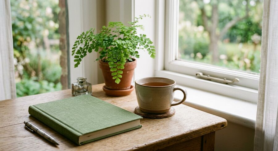 A green notebook, a fern and a cup of tea on a desk by a window, generated image