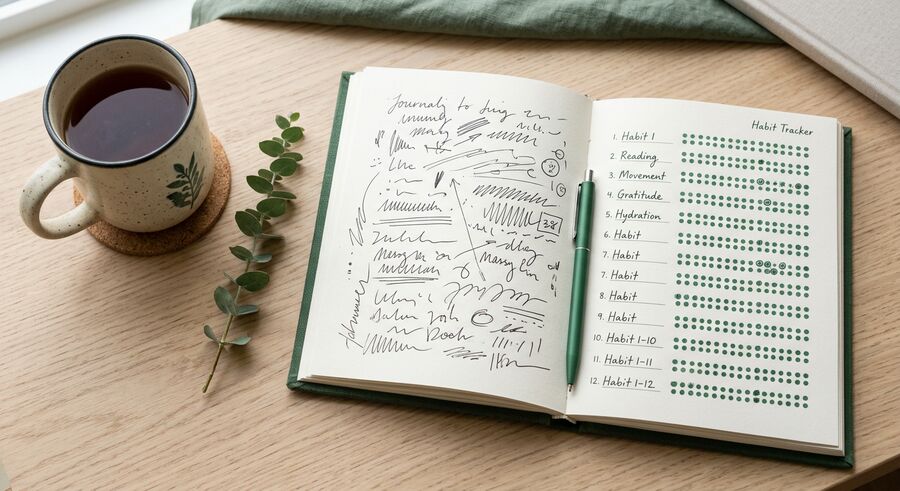 Sample planner spread with a journaling page beside a habit tracker, generated image